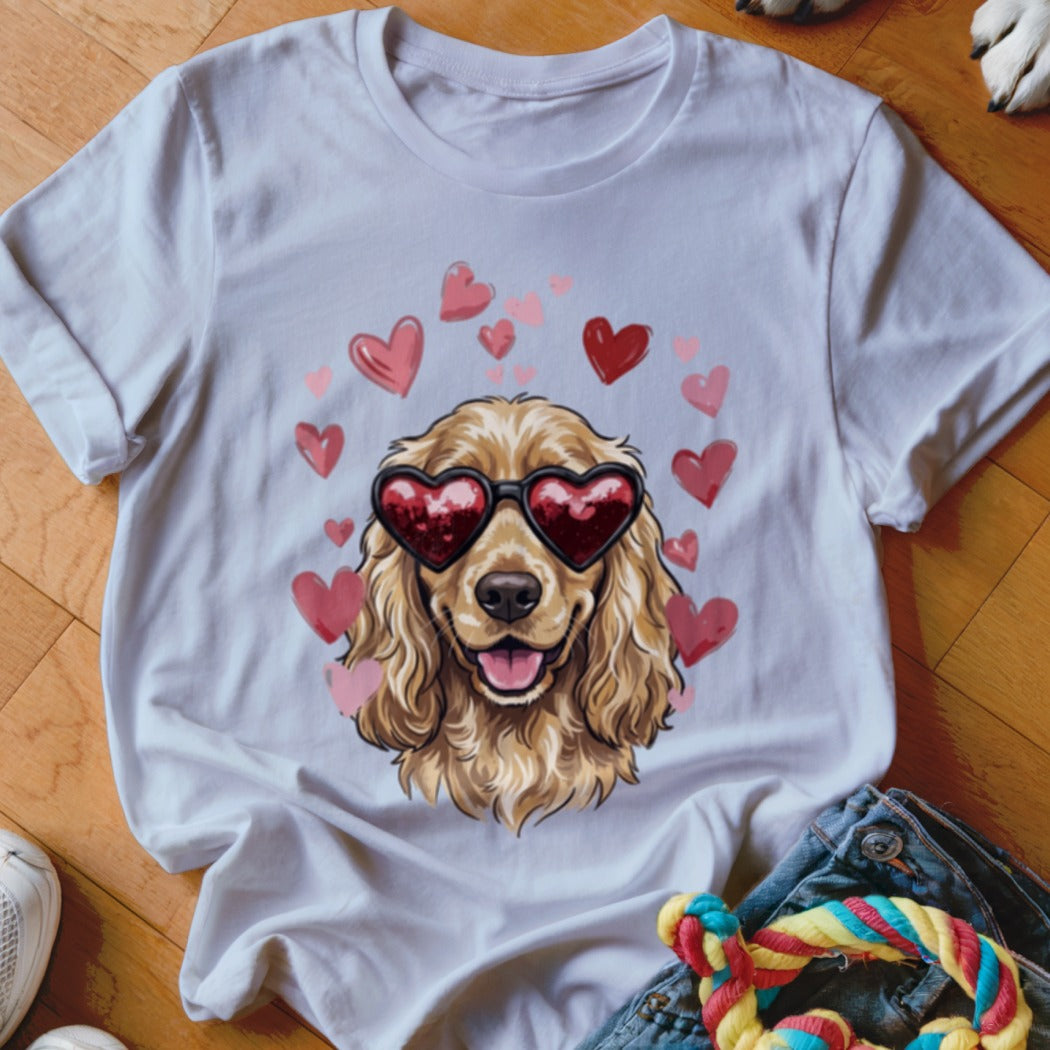 White crewneck t-shirt featuring an illustration of a golden cocker spaniel wearing heart-shaped sunglasses surrounded by pink hearts.