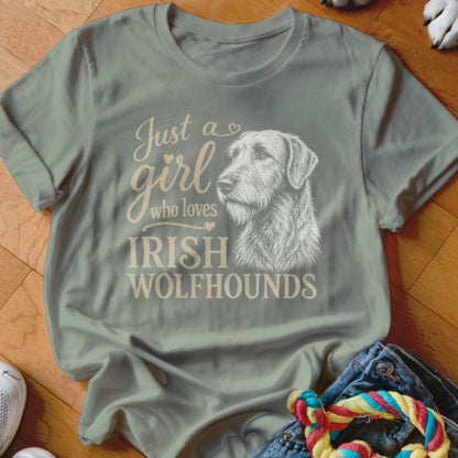Light green t-shirt with "Just a girl who loves IRISH WOLFHOUNDS" and dog illustration.