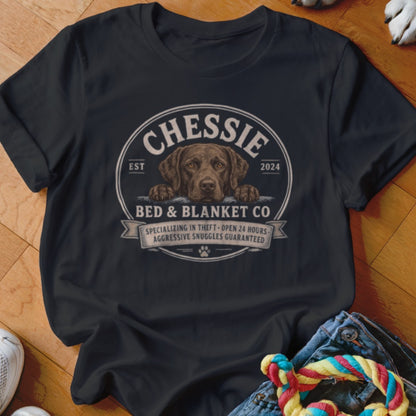 Black t-shirt with "Chessie Bed & Blanket Co." logo featuring a dog.