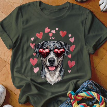Dark green t-shirt featuring a graphic of a dog wearing heart-shaped sunglasses surrounded by pink hearts.
