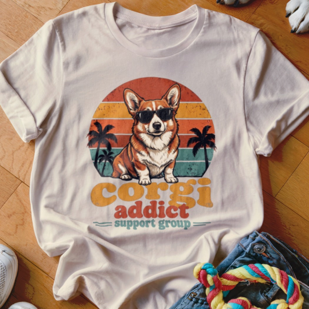 Cream-colored t-shirt with a graphic of a corgi wearing sunglasses before a retro sunset and palm trees, with the text Corgi Addict Support Group.