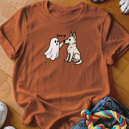 Ghost booping a white dog with "boo-p" text on an orange t-shirt.