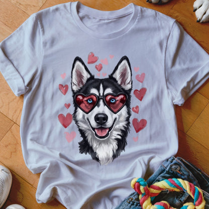 A white t-shirt features a graphic of a husky wearing heart-shaped sunglasses, surrounded by pink hearts.