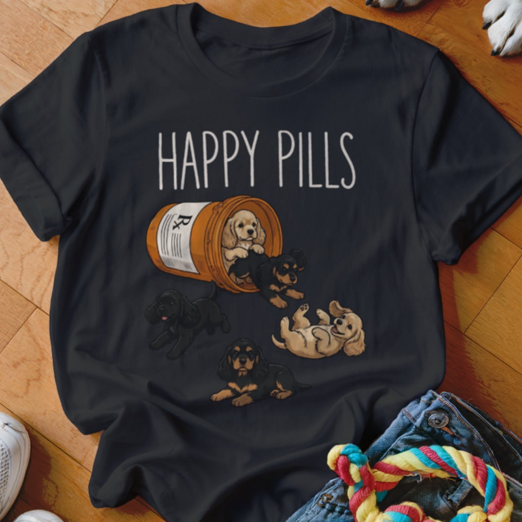 T-shirt with "Happy Pills" text and bottle of puppies spilling out.
