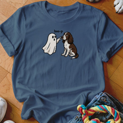 Ghost boops a brown and white dog with text "boo-p" above.