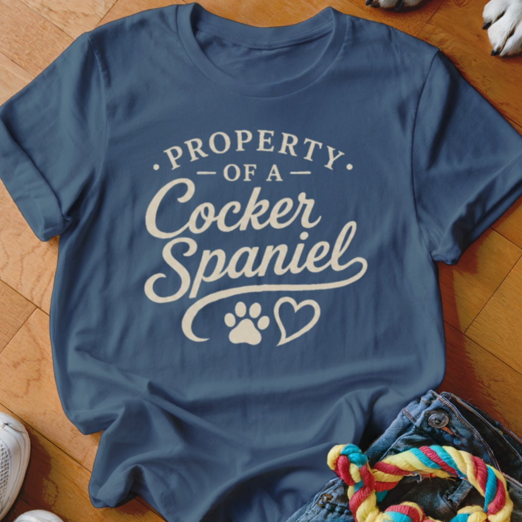 Navy blue t-shirt with "Property of a Cocker Spaniel" text and paw print heart.