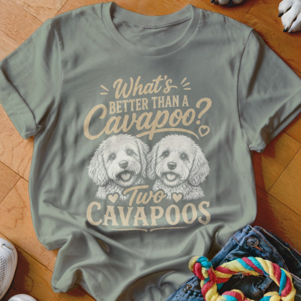 What's better than a Cavapoo? Two Cavapoos text with two dog illustrations.