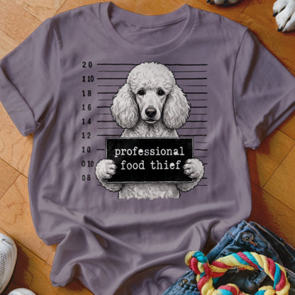 Poodle mugshot graphic with text "professional food thief" on a grey t-shirt.