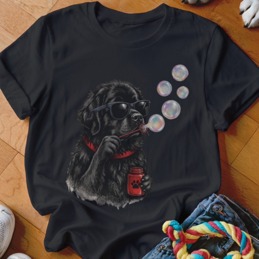 Black t-shirt featuring a graphic of a black dog wearing sunglasses and blowing bubbles.