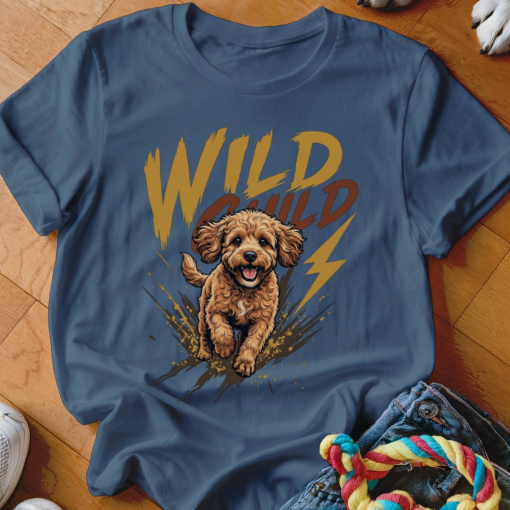 Blue crewneck t-shirt featuring a graphic of a running golden puppy and the text Wild Child.