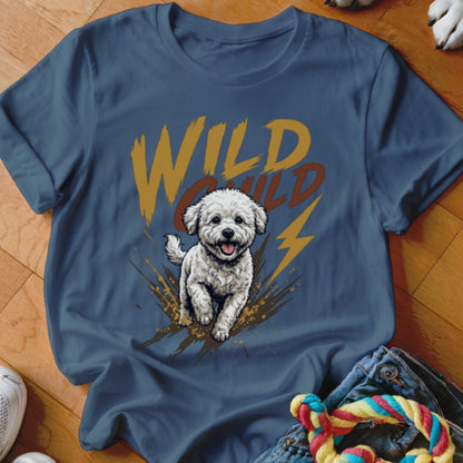 A blue t-shirt featuring a graphic of a white poodle and the text Wild Child.