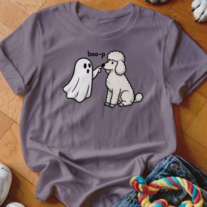 T-shirt graphic with ghost booping a white poodle, text "boo-p".