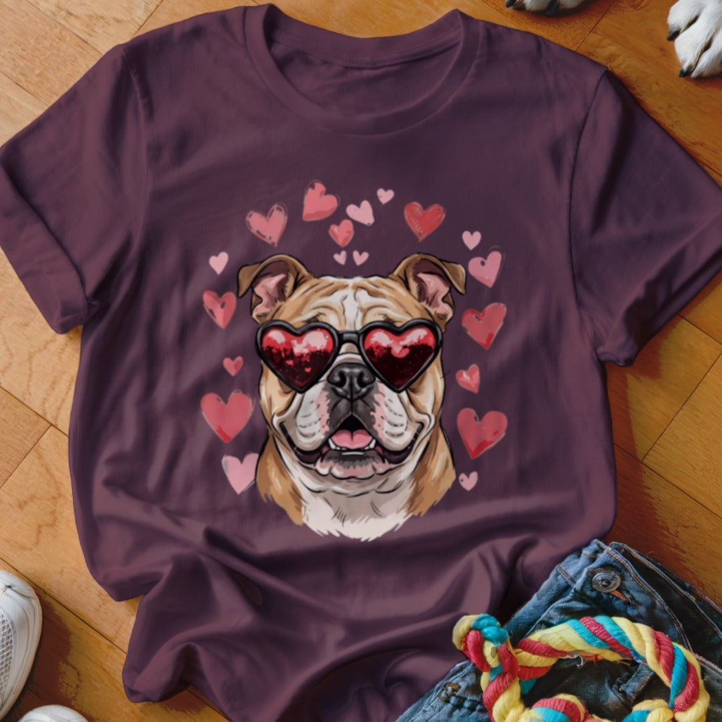 Maroon t-shirt featuring an illustration of an English Bulldog wearing heart-shaped sunglasses surrounded by floating pink hearts.