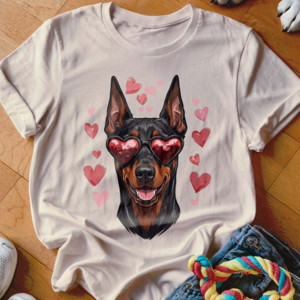Light cream t-shirt featuring a Doberman wearing heart-shaped sunglasses surrounded by pink hearts.