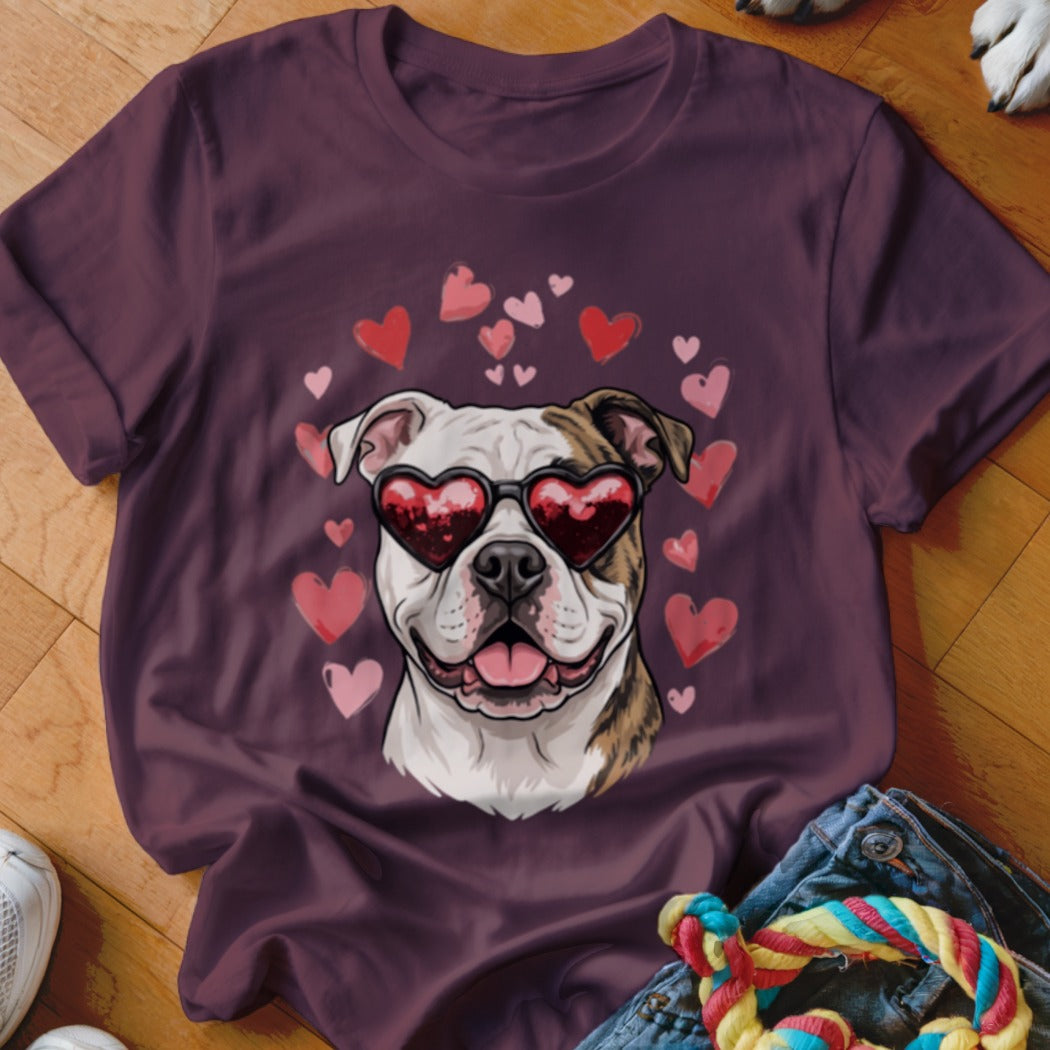 Maroon t-shirt featuring an illustration of a bulldog wearing heart-shaped sunglasses surrounded by pink hearts.