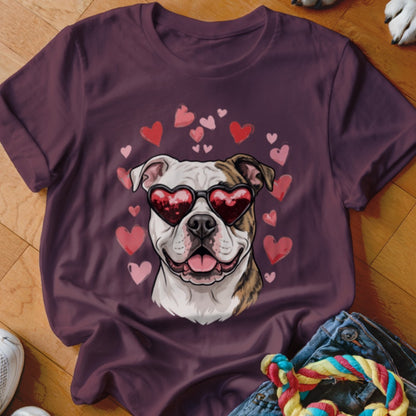 Maroon t-shirt featuring an illustration of a bulldog wearing heart-shaped sunglasses surrounded by pink hearts.
