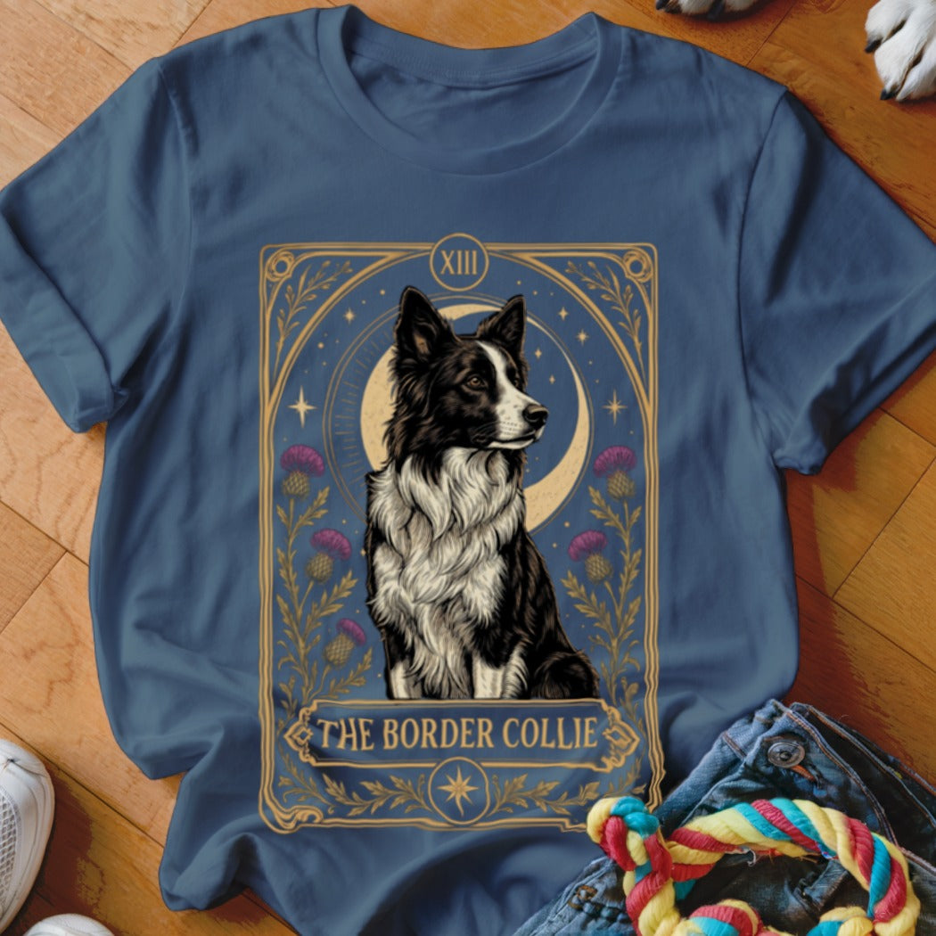 Navy blue t-shirt featuring a tarot card graphic of a Border Collie with the text "The Border Collie".