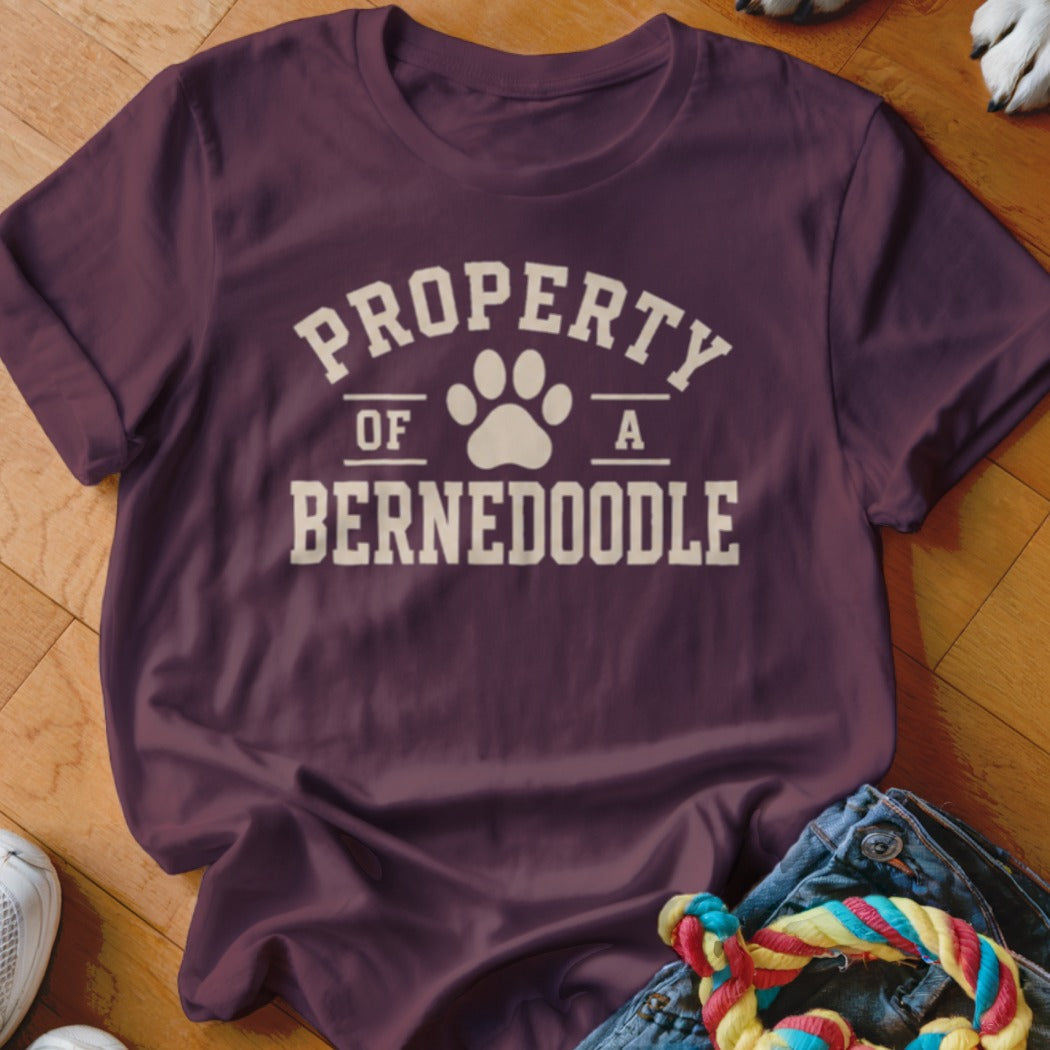 Maroon t-shirt with "Property of a Bernedoodle" and paw print graphic.