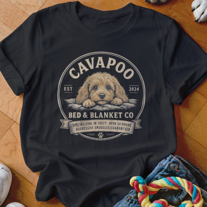 Cavapoo Bed & Blanket Co. graphic on a black t-shirt with dog and text.