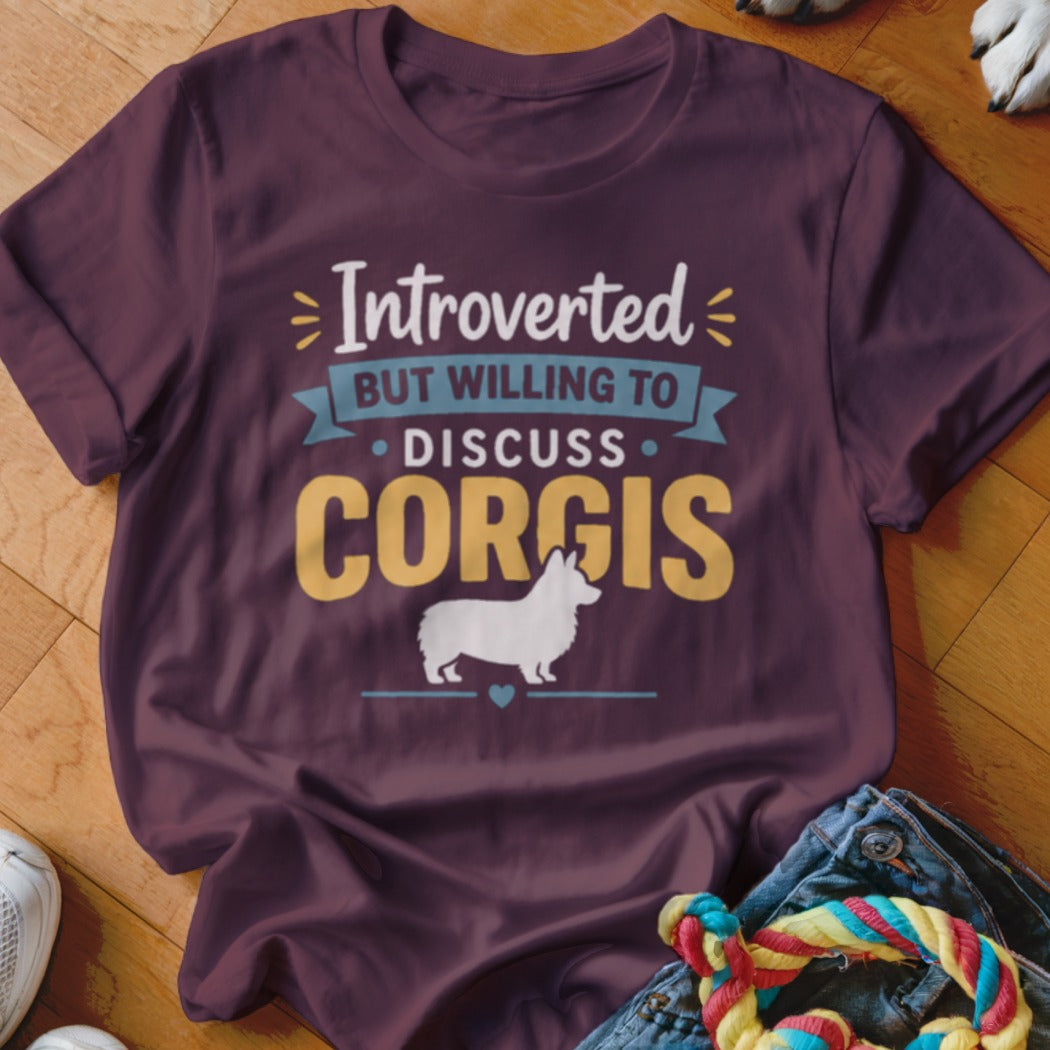 Maroon t-shirt with "Introverted but willing to discuss corgis" text and a corgi silhouette.