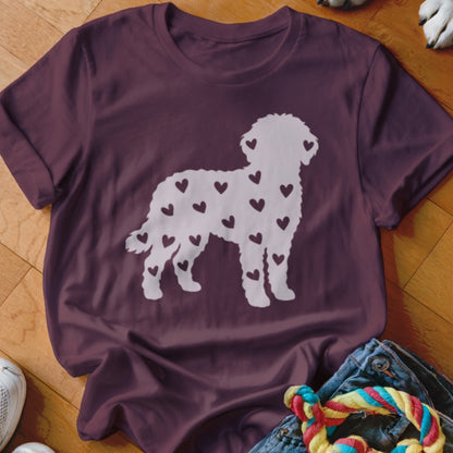 Maroon t-shirt with white doodle dog silhouette filled with small hearts.