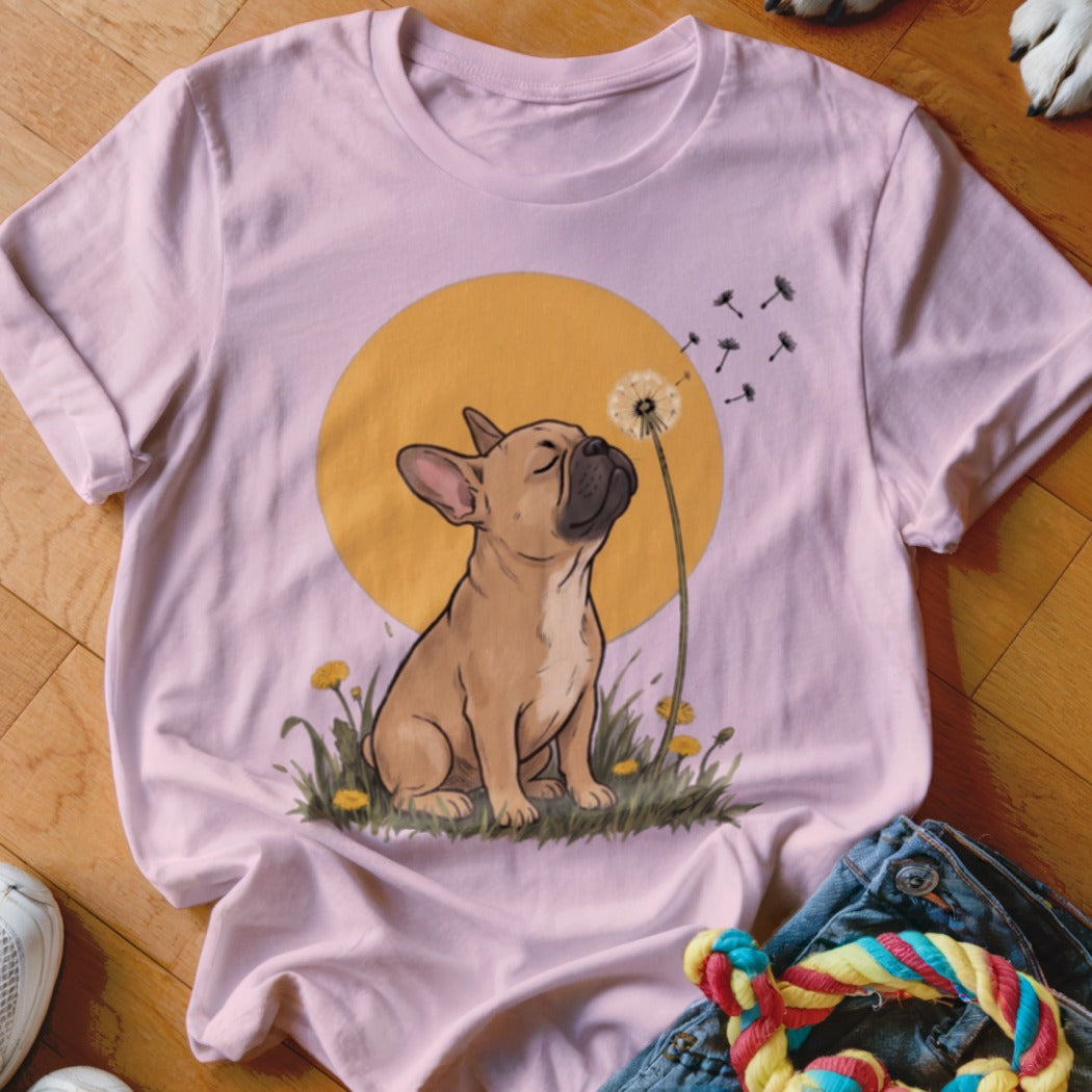 Light pink t-shirt featuring a graphic of a French bulldog blowing dandelion seeds against a yellow sun.
