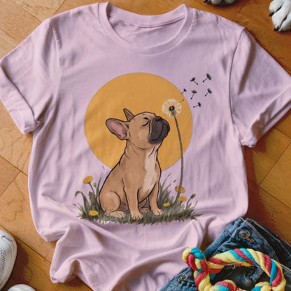 Light pink t-shirt featuring a graphic of a French bulldog blowing dandelion seeds against a yellow sun.