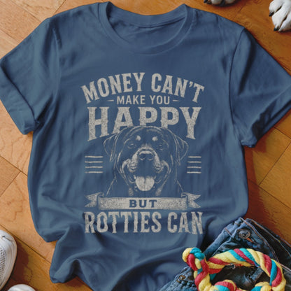 Blue t-shirt with Rottweiler illustration and text: "Money Can't Make You Happy But Rotties Can".