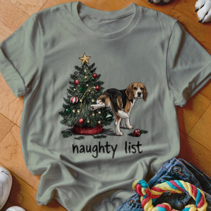 Beagle marking a Christmas tree with "naughty list" text below.