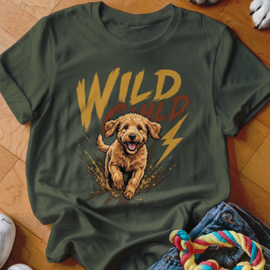 Dark green crewneck t-shirt featuring a graphic of a running golden doodle and the text Wild Child.