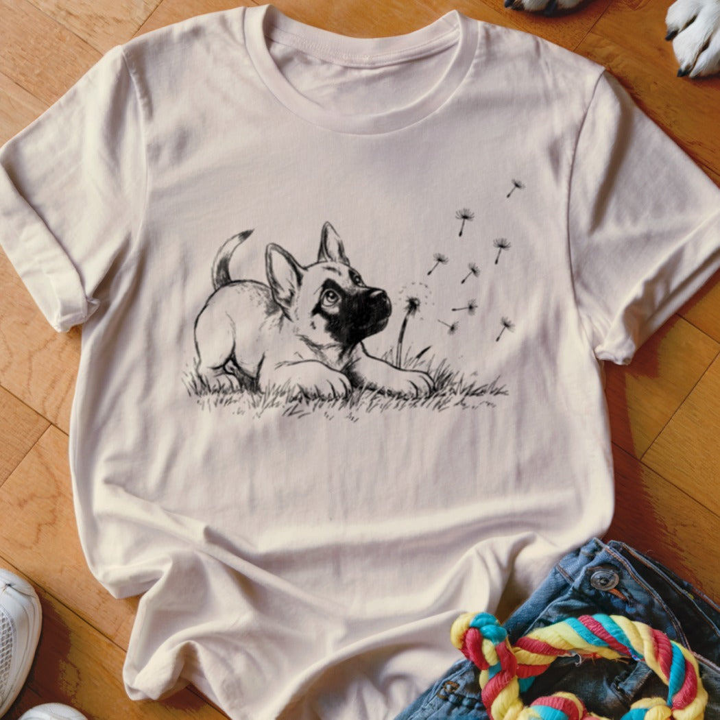 A light-colored t-shirt featuring a black line drawing of a puppy looking at floating dandelion seeds.
