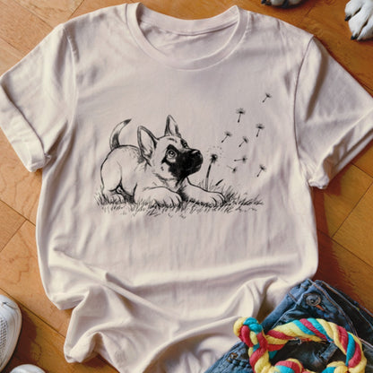 A light-colored t-shirt featuring a black line drawing of a puppy looking at floating dandelion seeds.