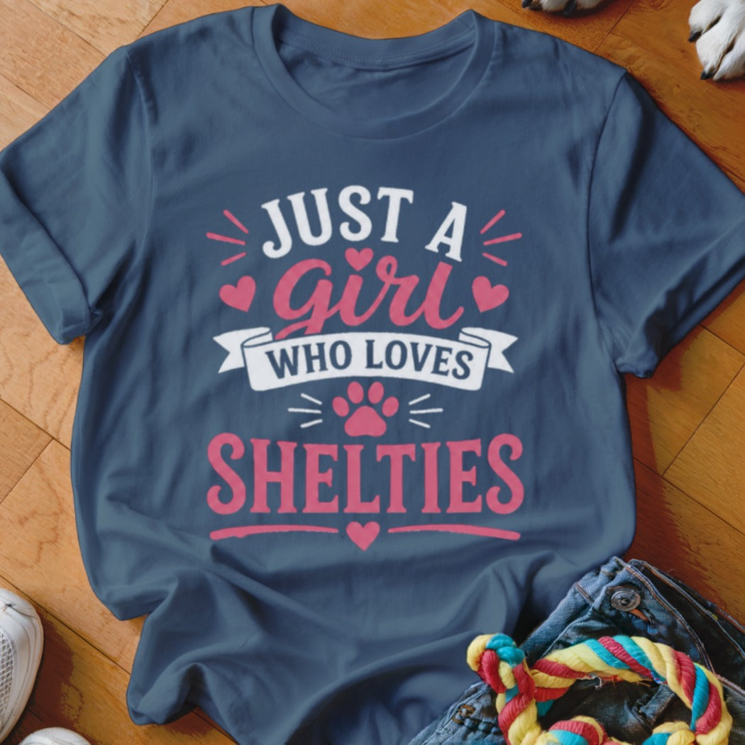 Dark blue t-shirt with text "Just a girl who loves Shelties".