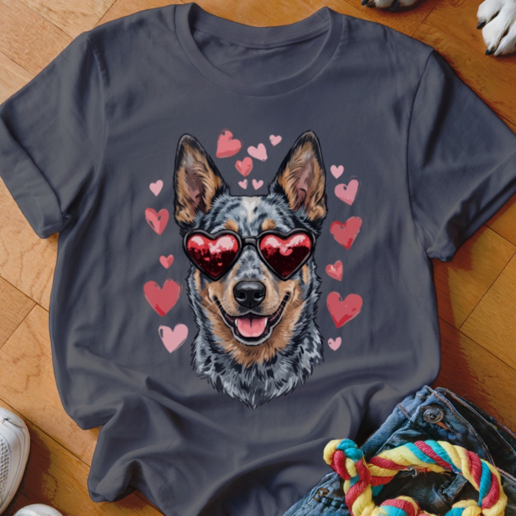 Dark gray t-shirt featuring a graphic of an Australian Cattle Dog wearing heart-shaped sunglasses, surrounded by pink hearts.