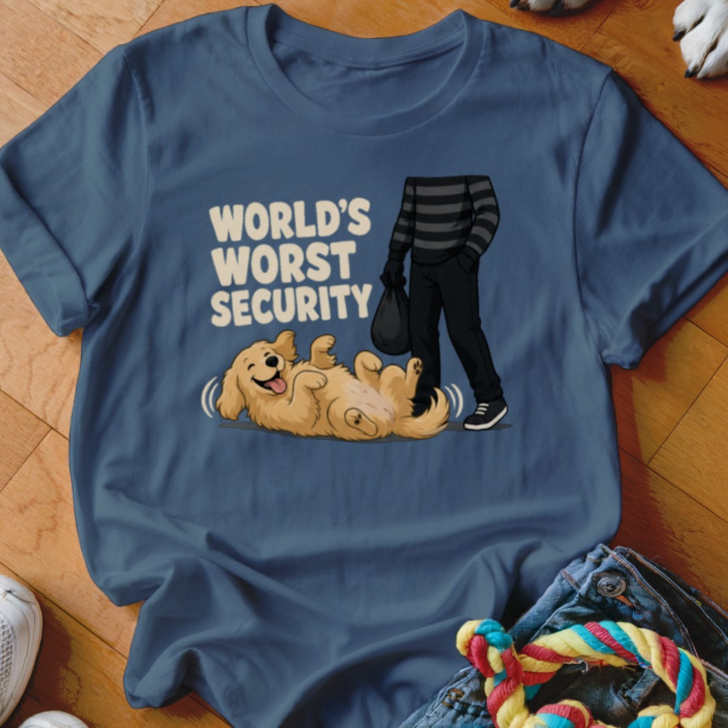 Blue t-shirt featuring a cartoon of a golden retriever rolling over while a burglar stands nearby.