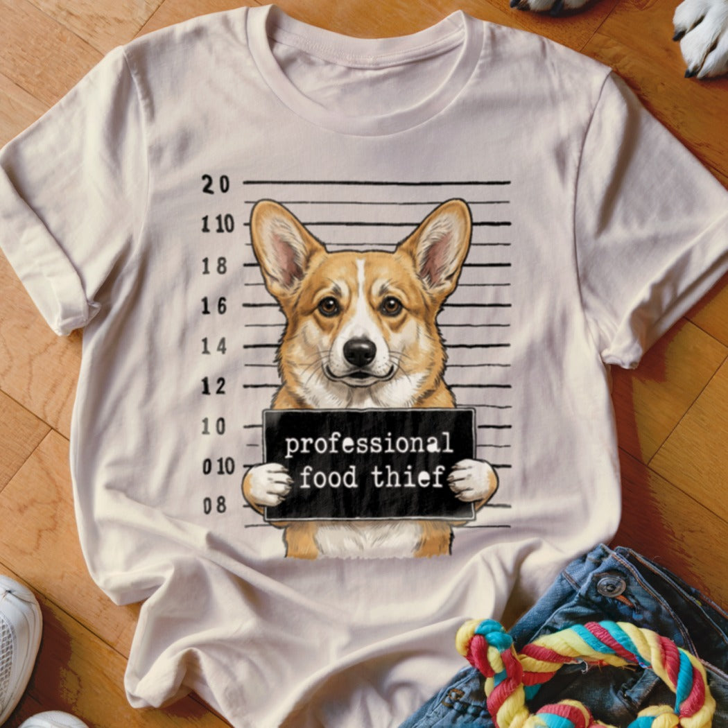 Corgi dog mugshot with "professional food thief" sign on white t-shirt