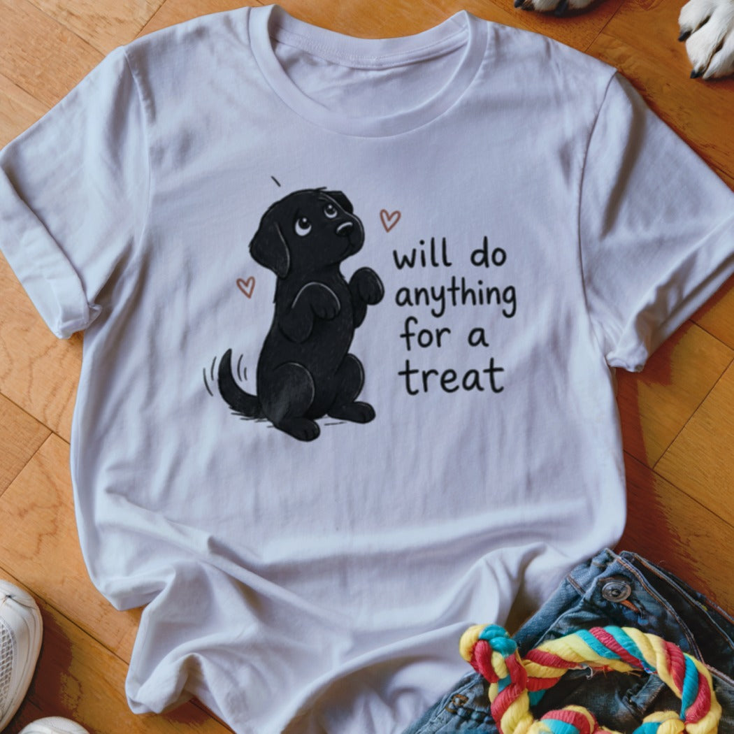 White t-shirt with black lab puppy graphic and text "will do anything for a treat".