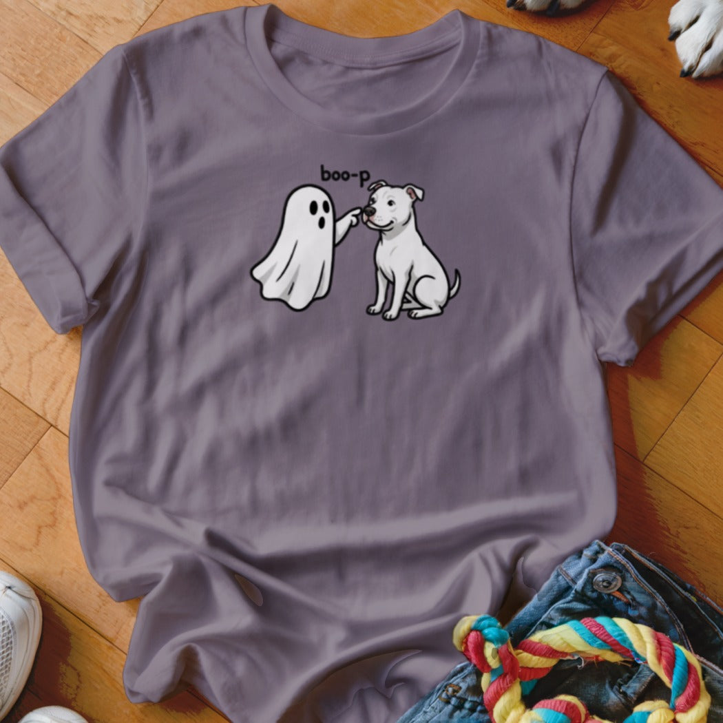 Ghost boops white dog's nose with text "boo-p" on purple t-shirt.
