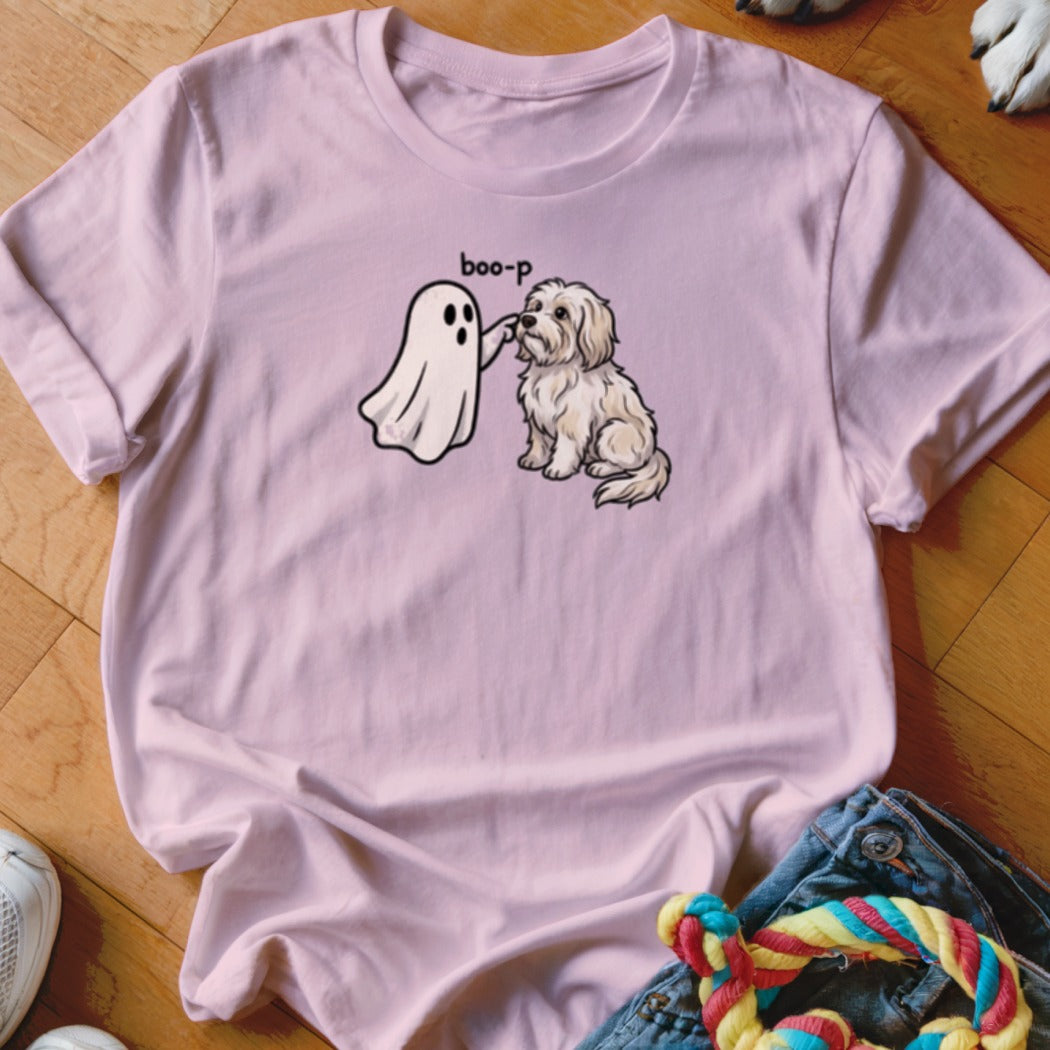 Pink t-shirt with a ghost booping a small dog, text "boo-p" above.