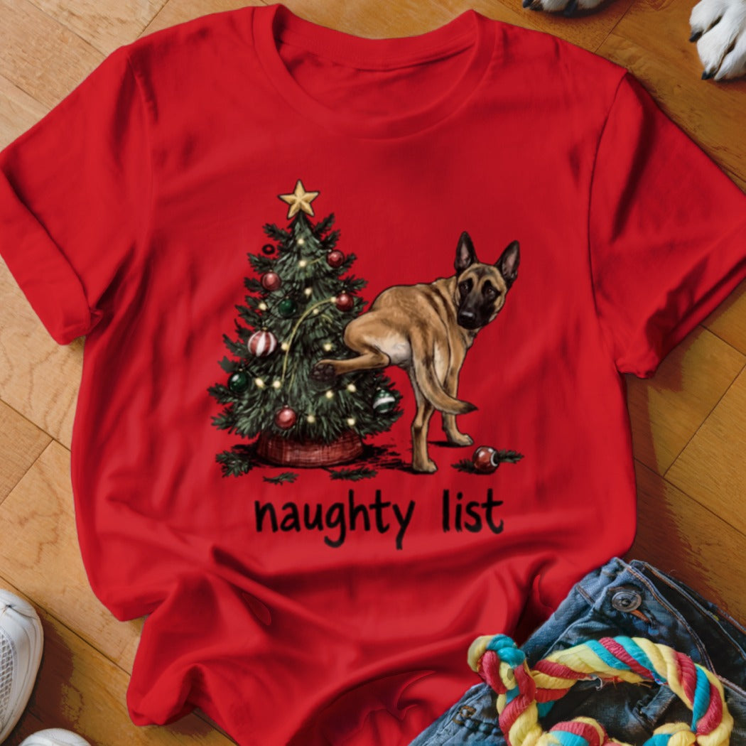 Red t-shirt with dog near Christmas tree and text "naughty list".
