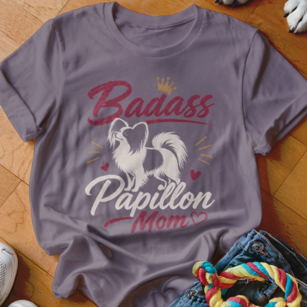 Purple t-shirt with "Badass Papillon Mom" text and a Papillon dog graphic.