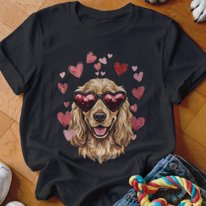 Black t-shirt featuring a golden cocker spaniel wearing heart-shaped sunglasses surrounded by pink hearts.