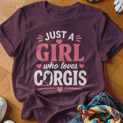 Burgundy t-shirt with "Just a Girl Who Loves Corgis" text and a corgi silhouette.