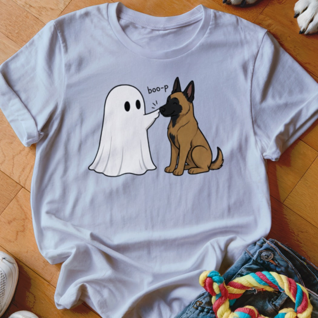 White t-shirt with ghost and dog graphic saying "boo-p"