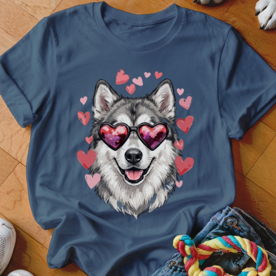 A dark blue t-shirt with a graphic of a husky wearing heart-shaped sunglasses surrounded by pink hearts.