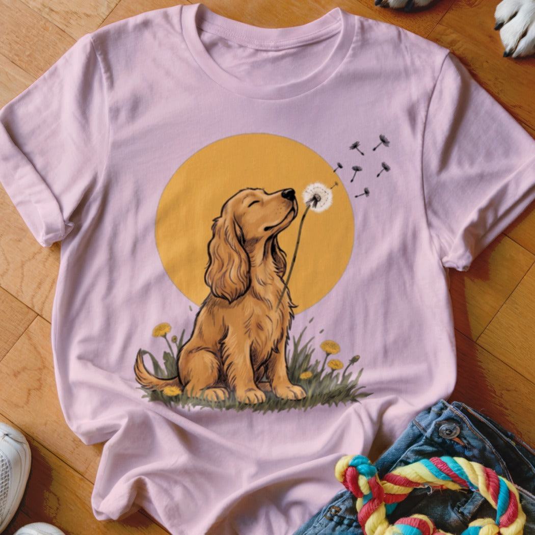 Light pink crewneck t-shirt featuring an illustration of a golden cocker spaniel blowing a dandelion.