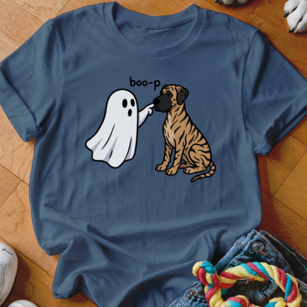 A ghost pokes a tiger-striped dog with the text "boo-p" above.