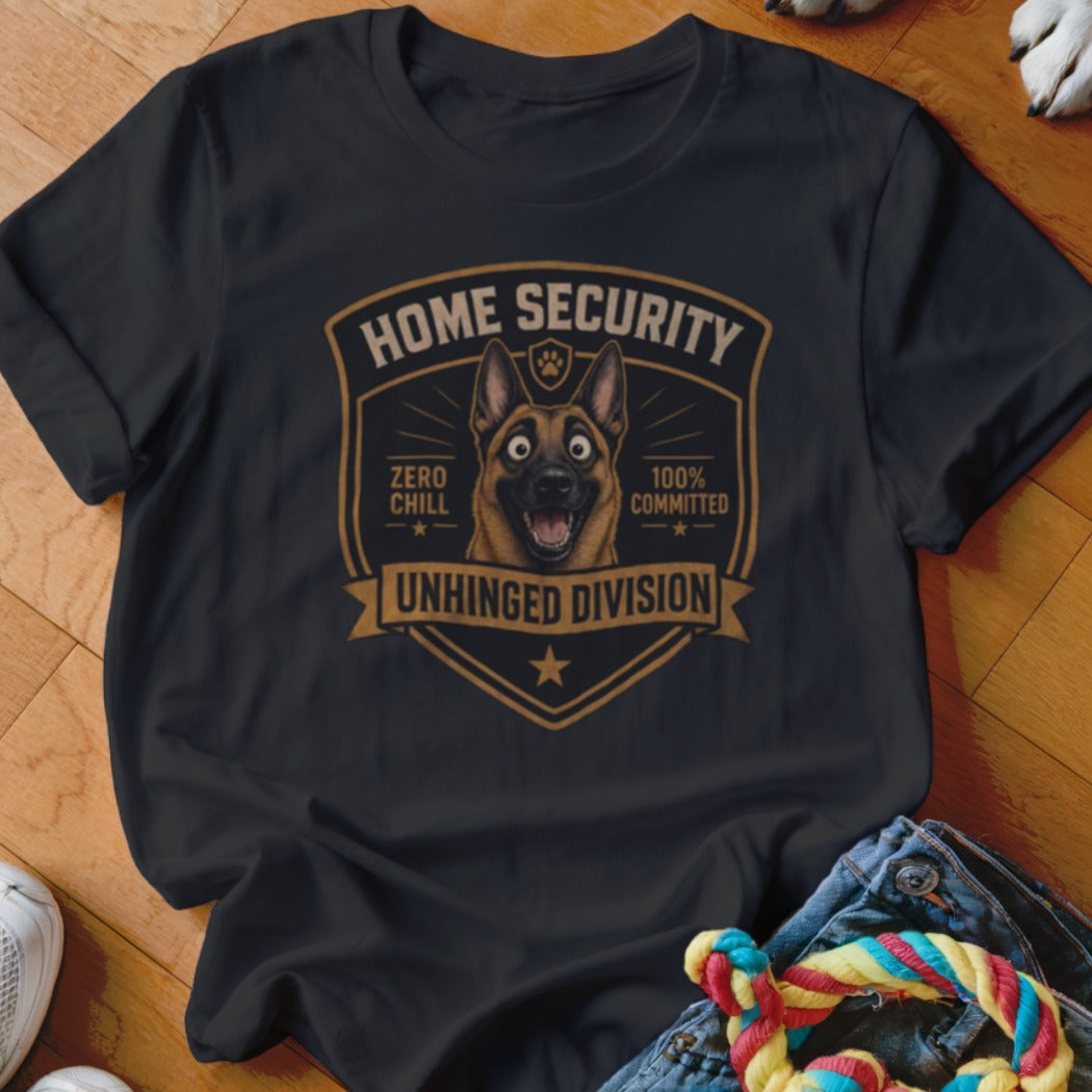 Dark t-shirt with "Home Security Unhinged Division" shield featuring a German Shepherd.