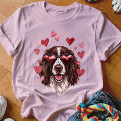 A light pink t-shirt featuring a brown and white dog wearing heart-shaped sunglasses surrounded by floating red hearts.
