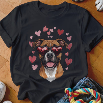 Black t-shirt featuring a graphic of a boxer dog wearing heart-shaped sunglasses surrounded by floating pink hearts.